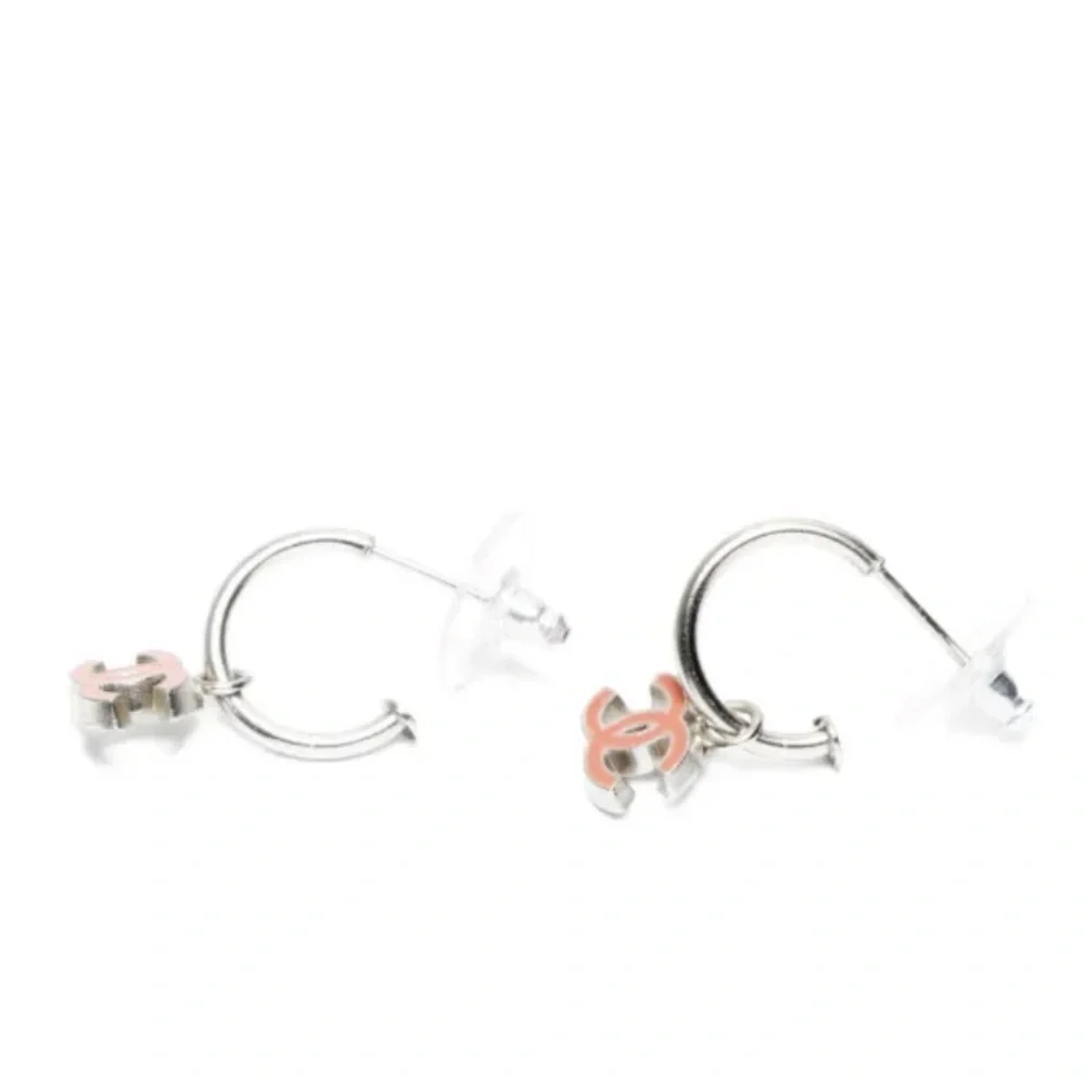 CHANEL Silver and Red CC Hoop Pierced Earrings